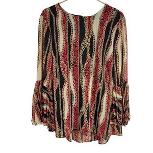Peter Nygard Chain Print Blouse Top XL Trumpet Sleeve Red Black Career